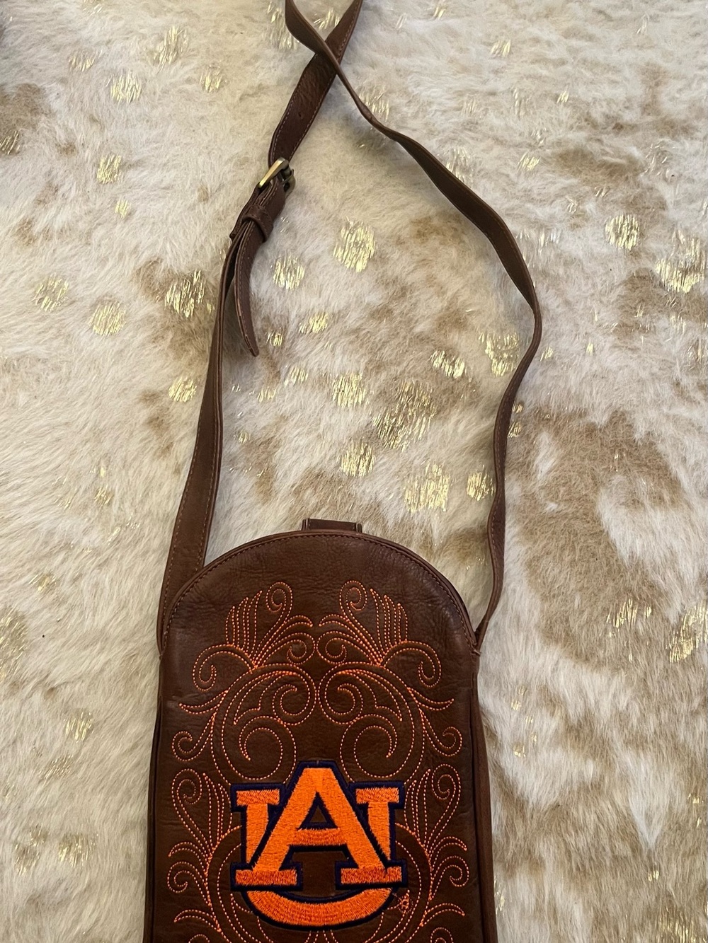 Brown Leather Crossbody Bag with Orange Embroidered AU Logo